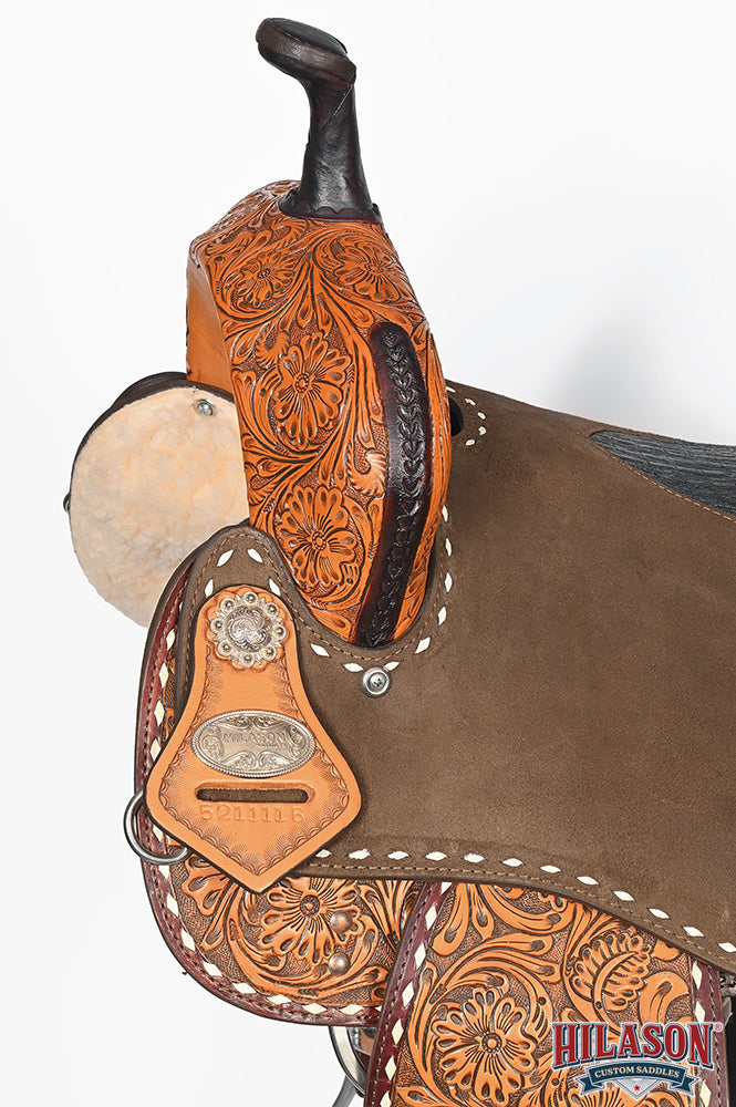 Hilason Western Horse Barrel Flex Tree Trail American Leather Saddle Brown / Tan Gorgeous Floral Hand Tooled & Carved