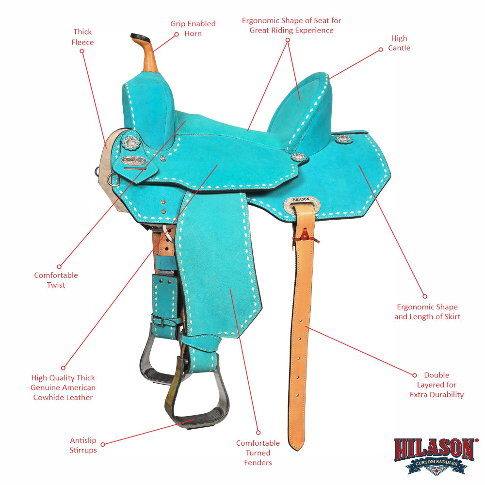 Hilason Western Horse Barrel Flex Tree Trail American Leather Saddle Turquoise
