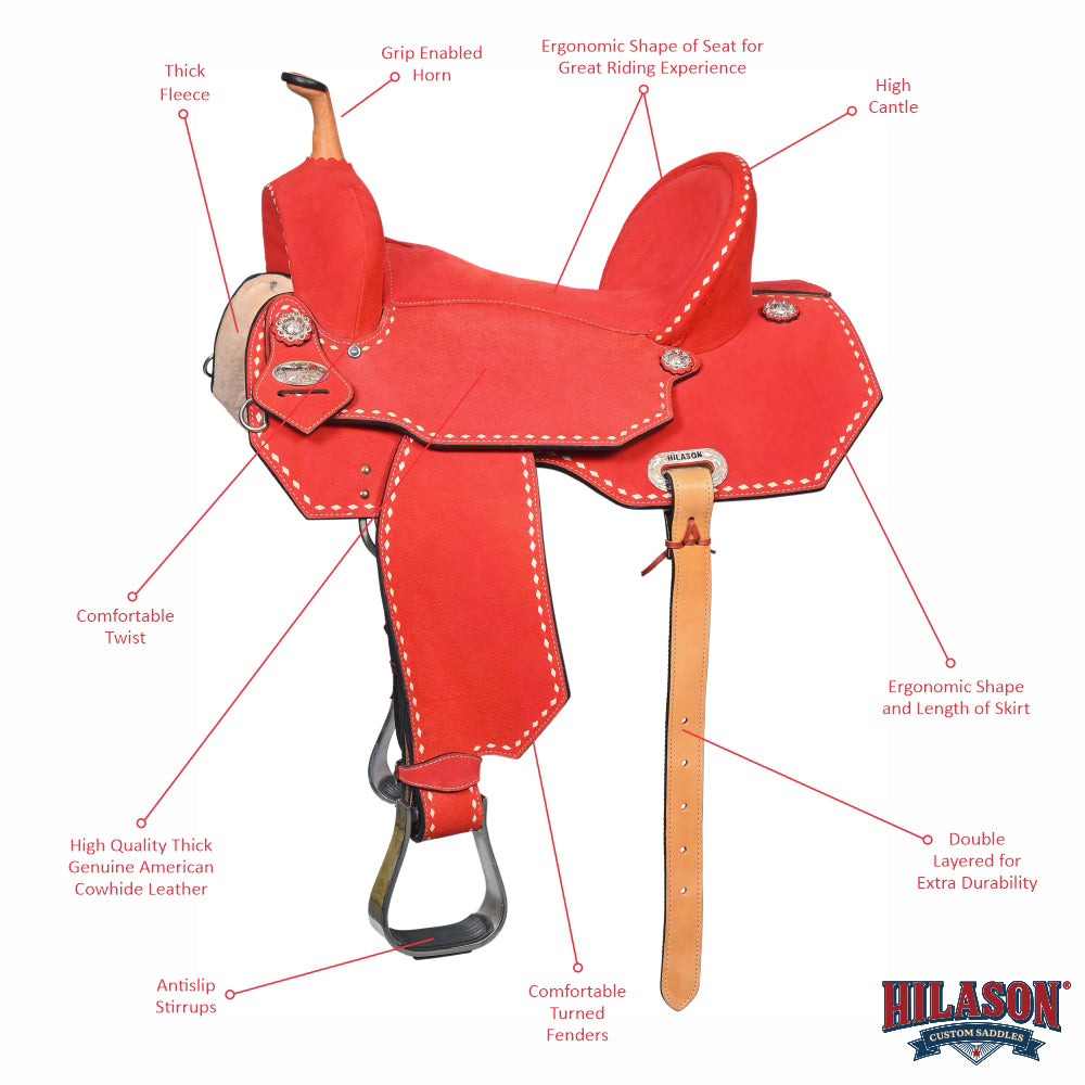 Hilason Western Horse Barrel Flex Tree Trail American Leather Saddle Red