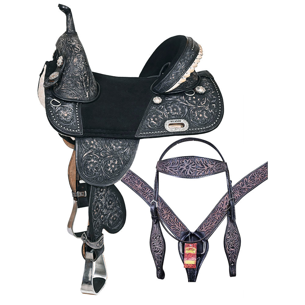 HILASON Western Horse Treeless Trail Barrel Saddle American Leather Black Rough Out w/ Tack Set