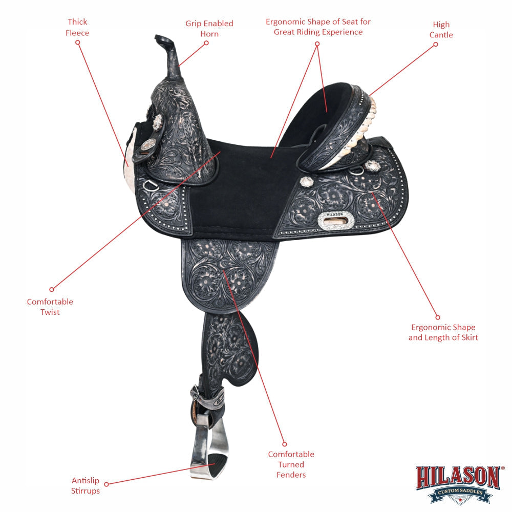 HILASON Western Horse Treeless Trail Barrel Saddle American Leather Black Rough Out w/ Tack Set