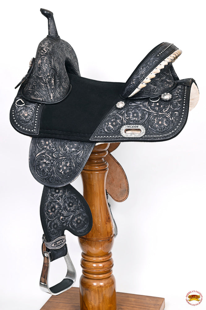 HILASON Western Horse Treeless Trail Barrel Saddle American Leather Black Rough Out w/ Tack Set