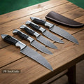 5-Piece Hunting Knife Set with Buffalo Horn Handle —  Ladder Damascus Blades & Black Buffalo Horn Handles