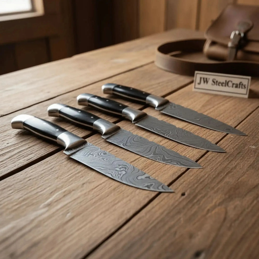 5-Piece Hunting Knife Set with Buffalo Horn Handle —  Ladder Damascus Blades & Black Buffalo Horn Handles