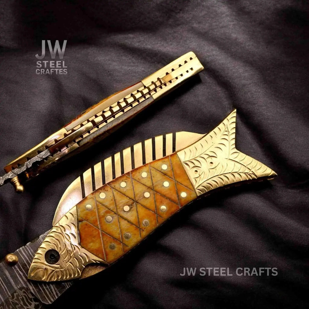 Damascus Fish Folding Knife with Bone Handle and Leather Sheath
