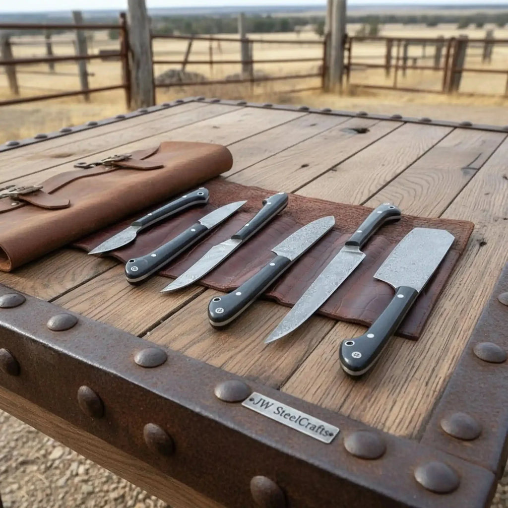 6-Piece Damascus Kitchen Knife Set with Leather Roll — Black Resin Handles, Steel Bolsters, 7 to 10 Inch Blades | JW Steel Crafts