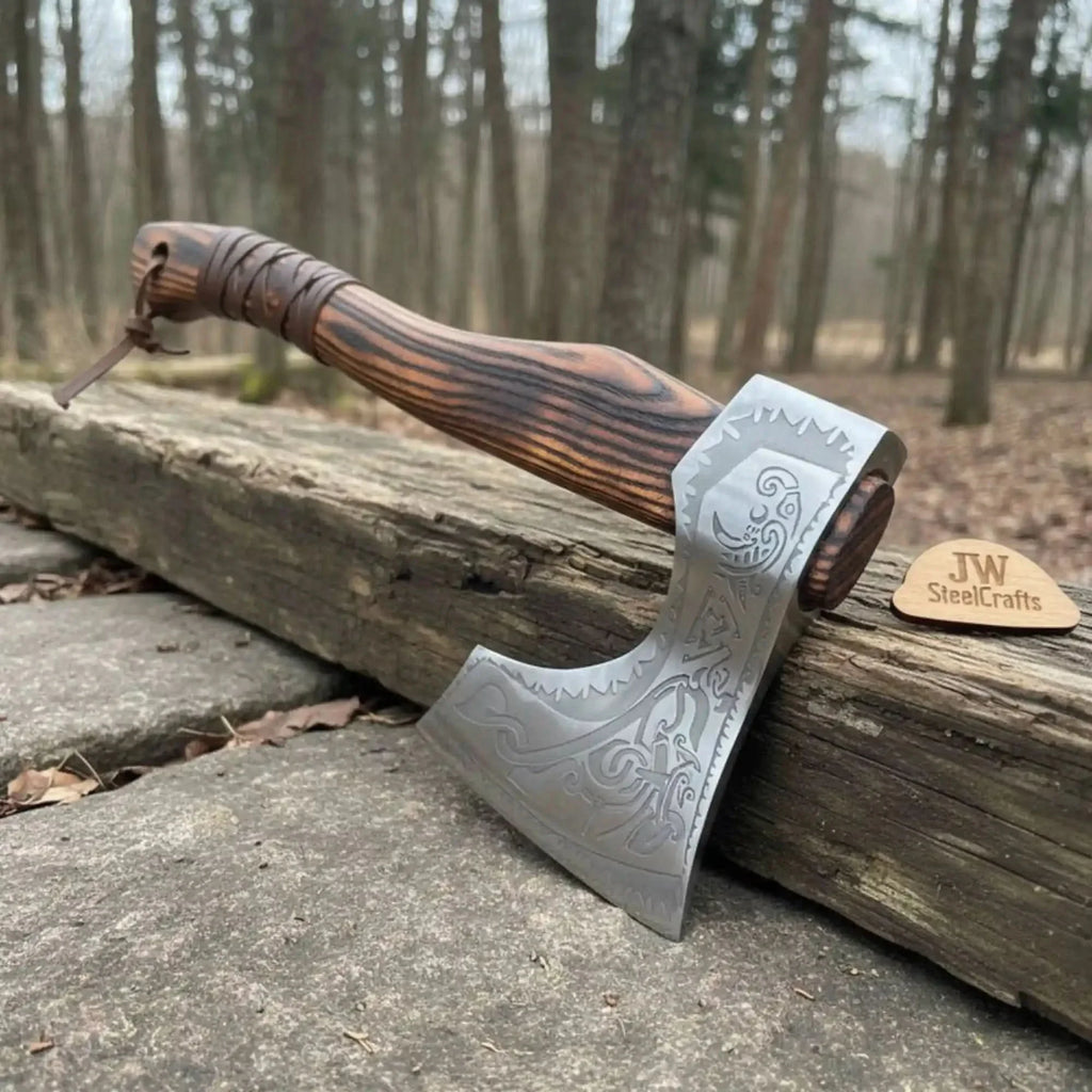 Engraved Carbon Steel Ragnar Axe with Bearded Head