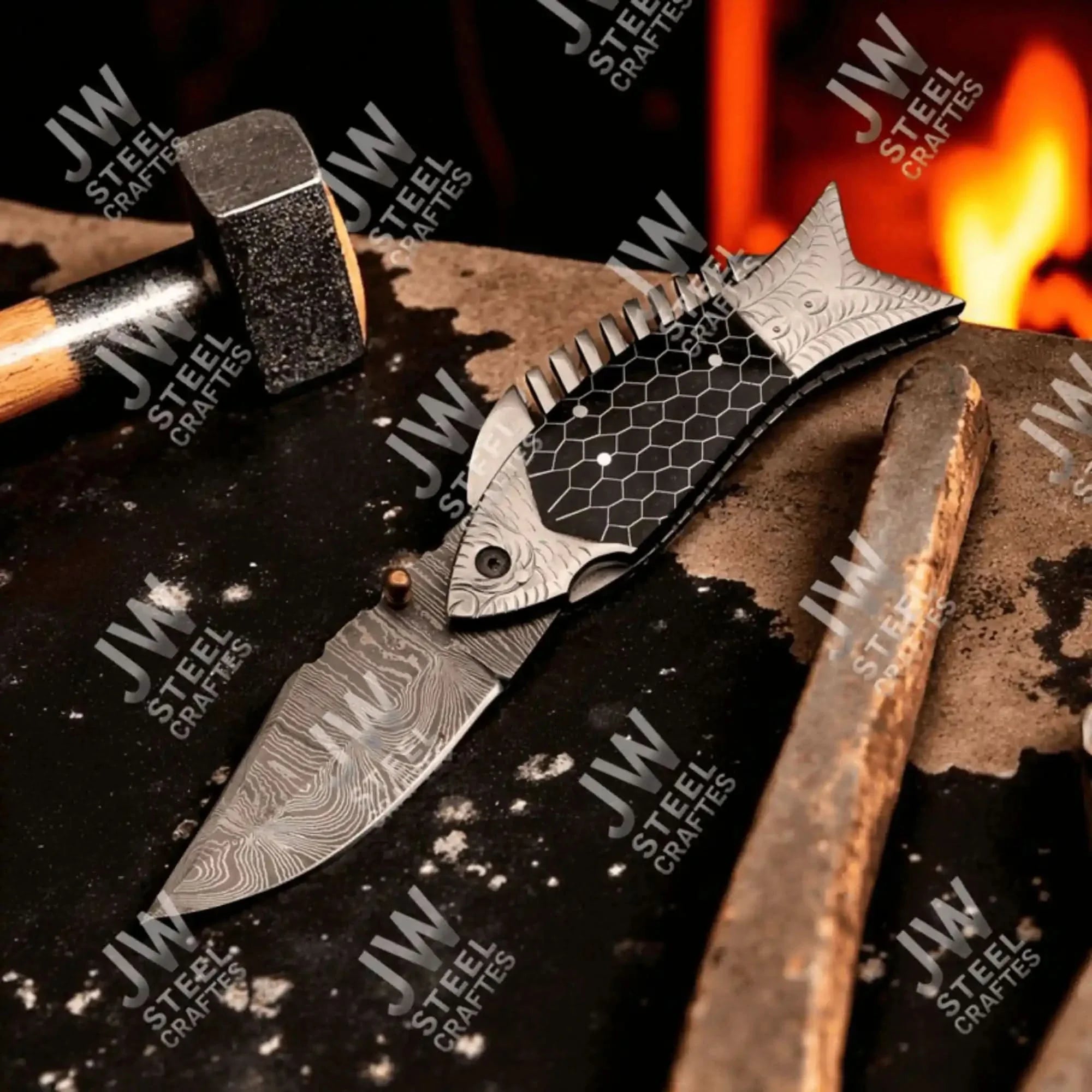 Handmade Ironclad Fish Damascus Folder with Black Honeycomb Handle