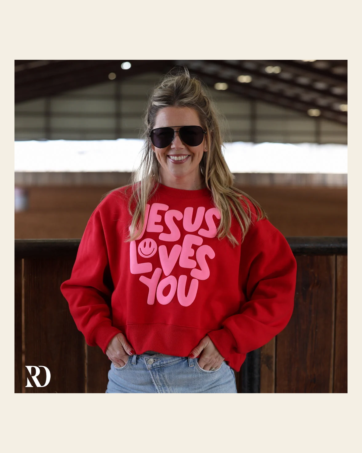 Jesus Loves You Cropped | Crewneck on a warm cream background