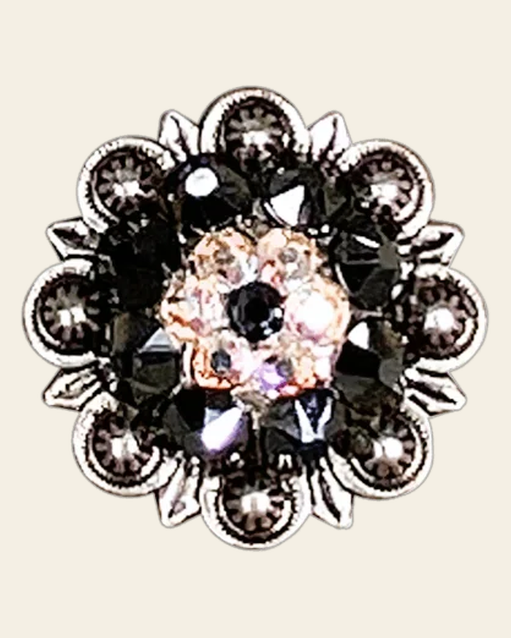 Jet & AB Antique Silver 1.25" European Crystal Concho on a warm cream background