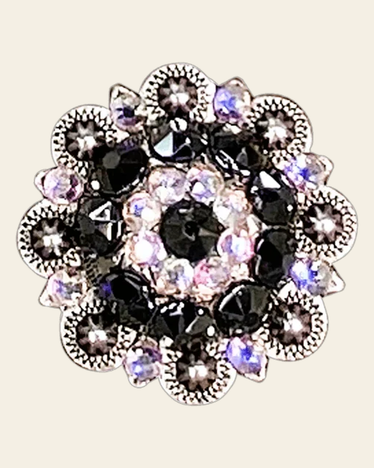 Jet & AB Antique Silver 1.5" European Crystal Concho on a warm cream background