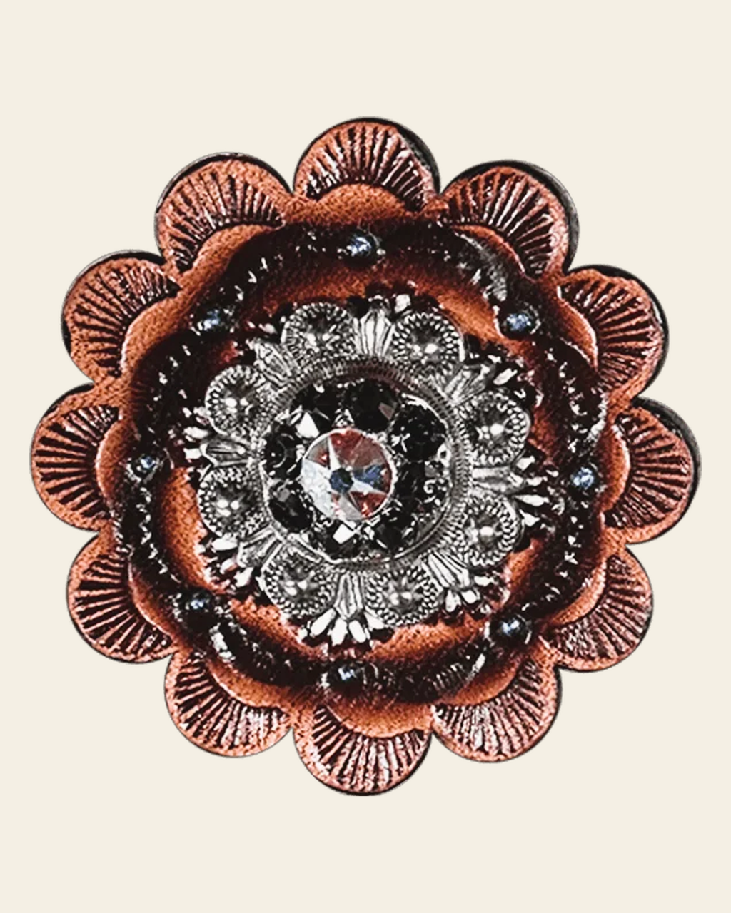 Jet & AB Antique Silver 1" European Crystal Concho and Leather Rosette on a warm cream background