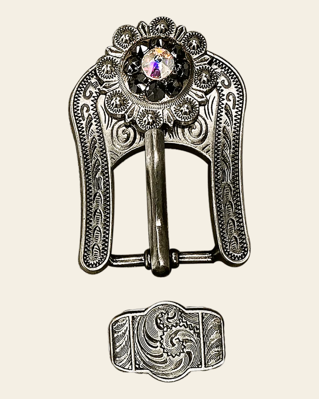 Jet & AB Antique Silver European Crystal Buckle Keeper Set on a warm cream background