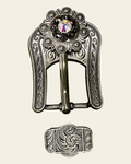 Jet & AB Antique Silver European Crystal Buckle Keeper Set on a warm cream background