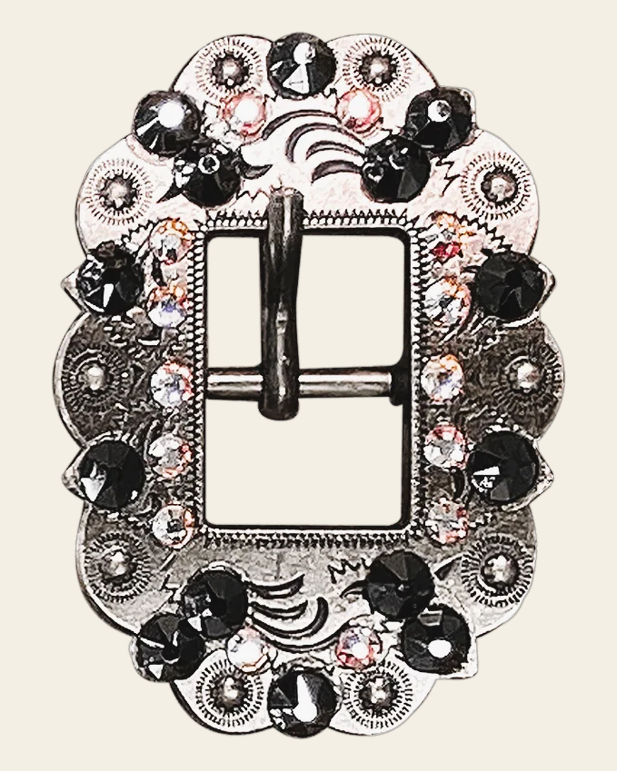 Jet & AB Antique Silver European Crystal Cart Buckle on a warm cream background