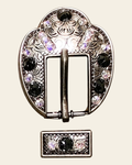 Jet & AB Antique Silver European Crystal Fancy Buckle on a warm cream background