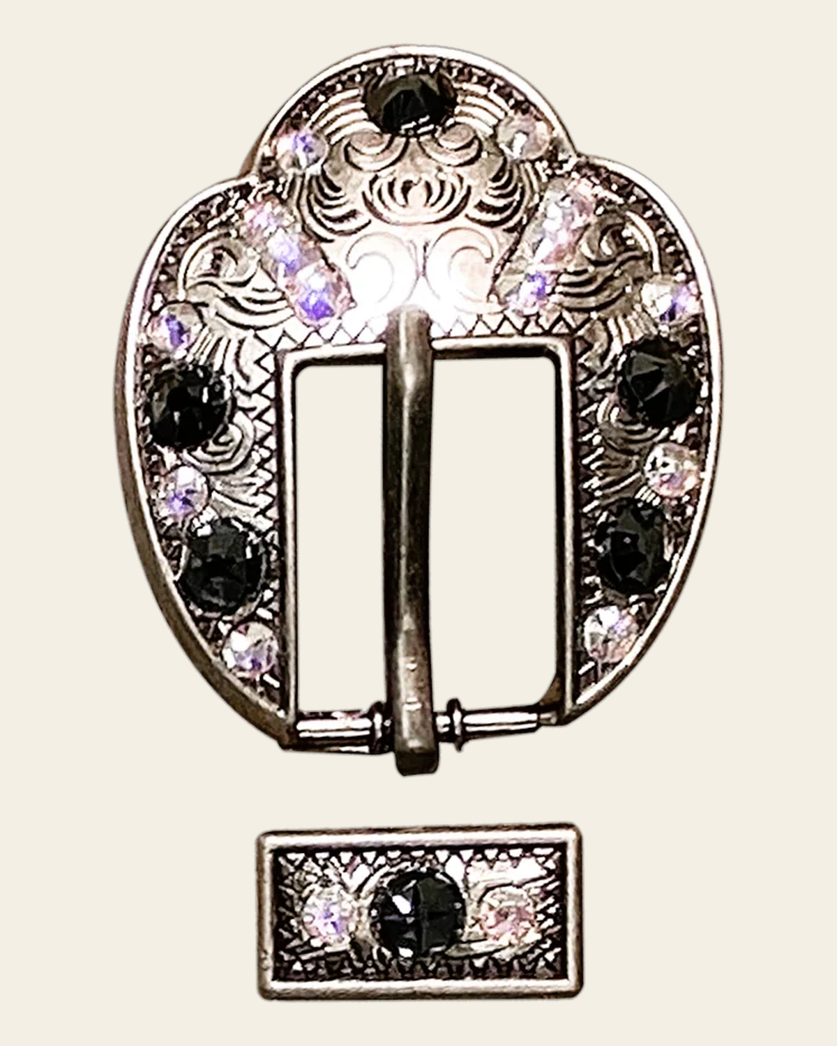 Jet & AB Antique Silver European Crystal Fancy Buckle on a warm cream background