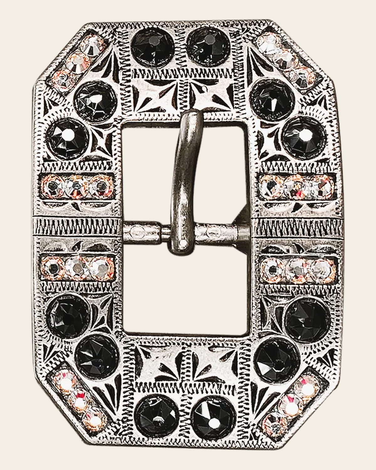 Jet & AB Antique Silver European Crystal Square Cart Buckle on a warm cream background