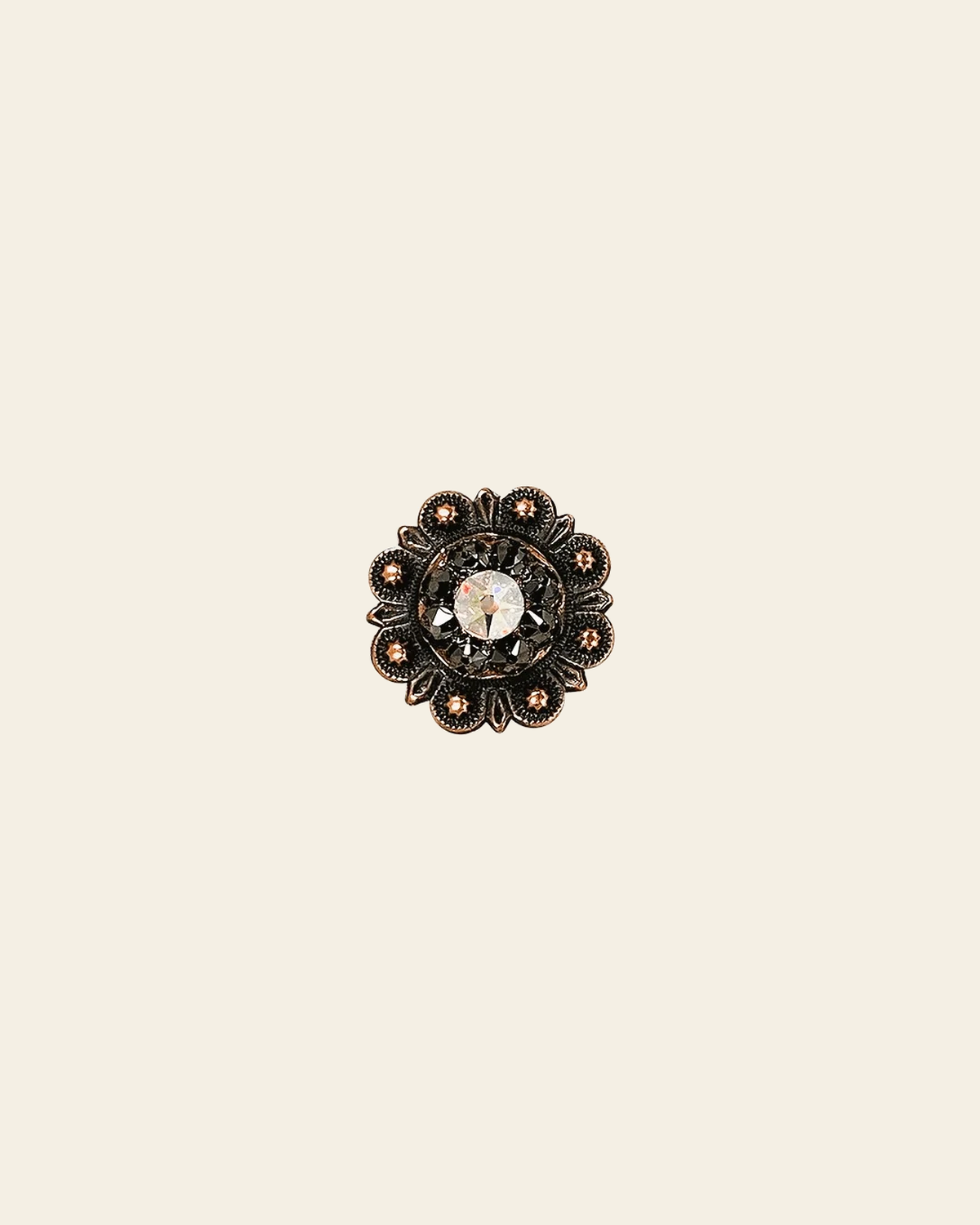 AB & Jet Copper 1" European Crystal Concho on a warm cream background
