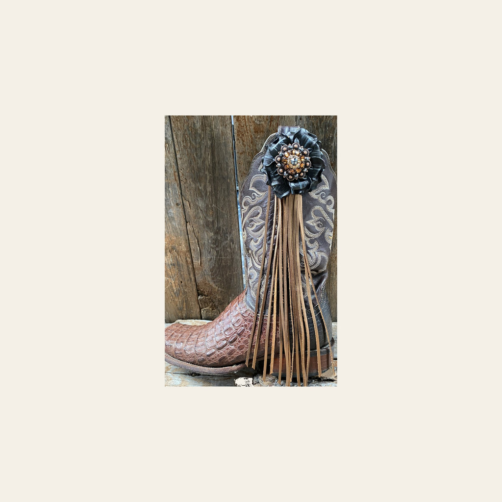 Boot Cuff Jewelry - Black Leather Flower - Copper Concho - Fringe