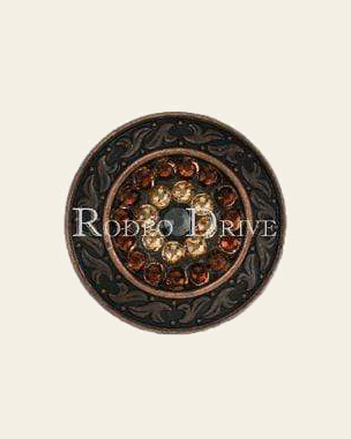Jet Champagne & Topaz Copper 1.5" Disc European Crystal Concho on a warm cream background