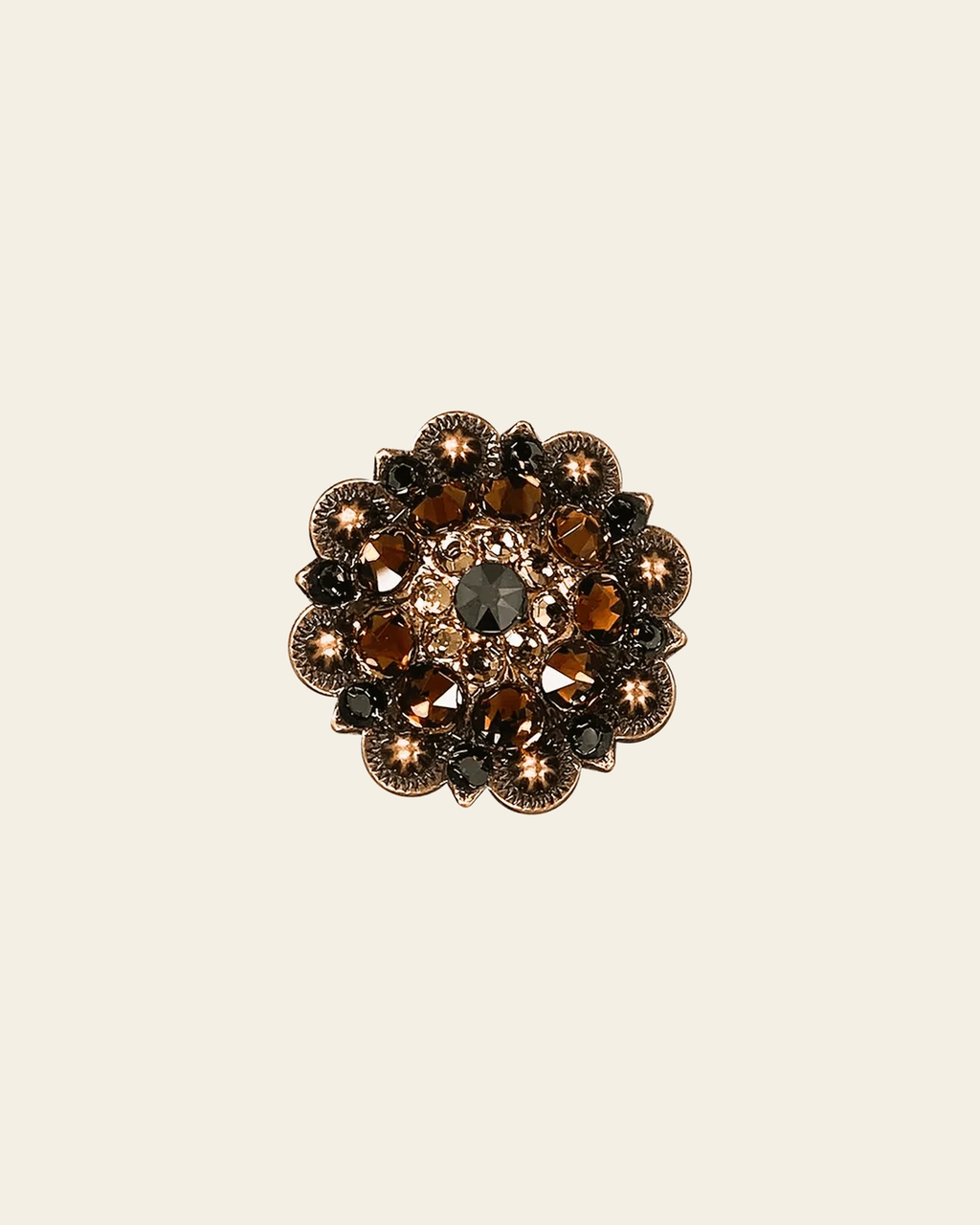 Jet Champagne & Topaz Copper 1.5" European Crystal Concho on a warm cream background