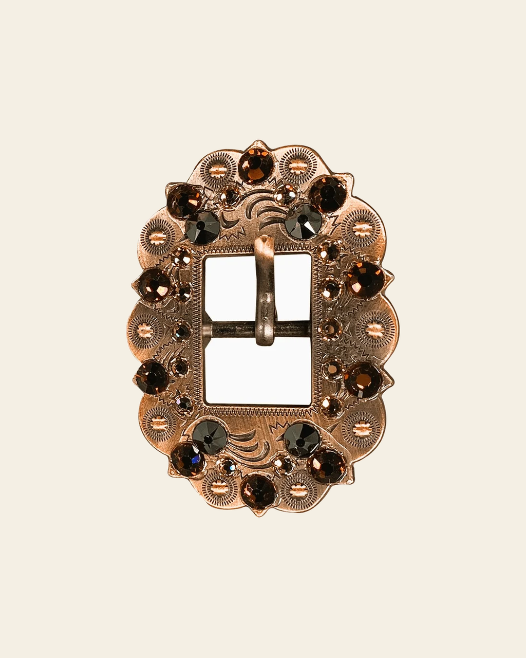 Jet Champagne & Topaz Copper European Crystal Cart Buckle on a warm cream background