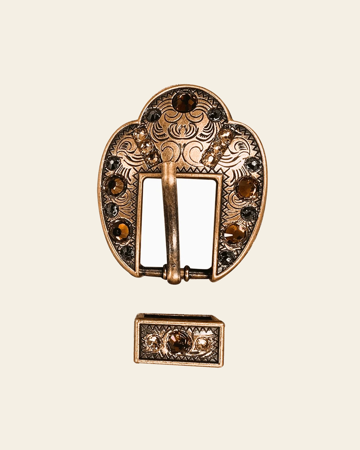 Jet Champagne & Topaz Copper European Crystal Fancy Buckle on a warm cream background