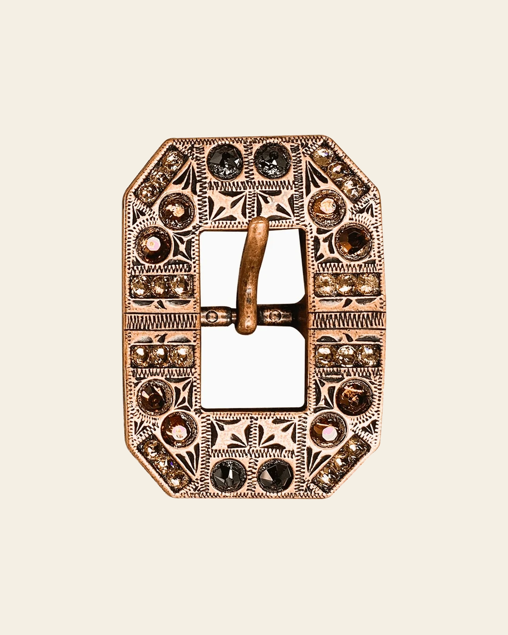 Jet Champagne & Topaz Copper European Crystal Square Cart Buckle on a warm cream background