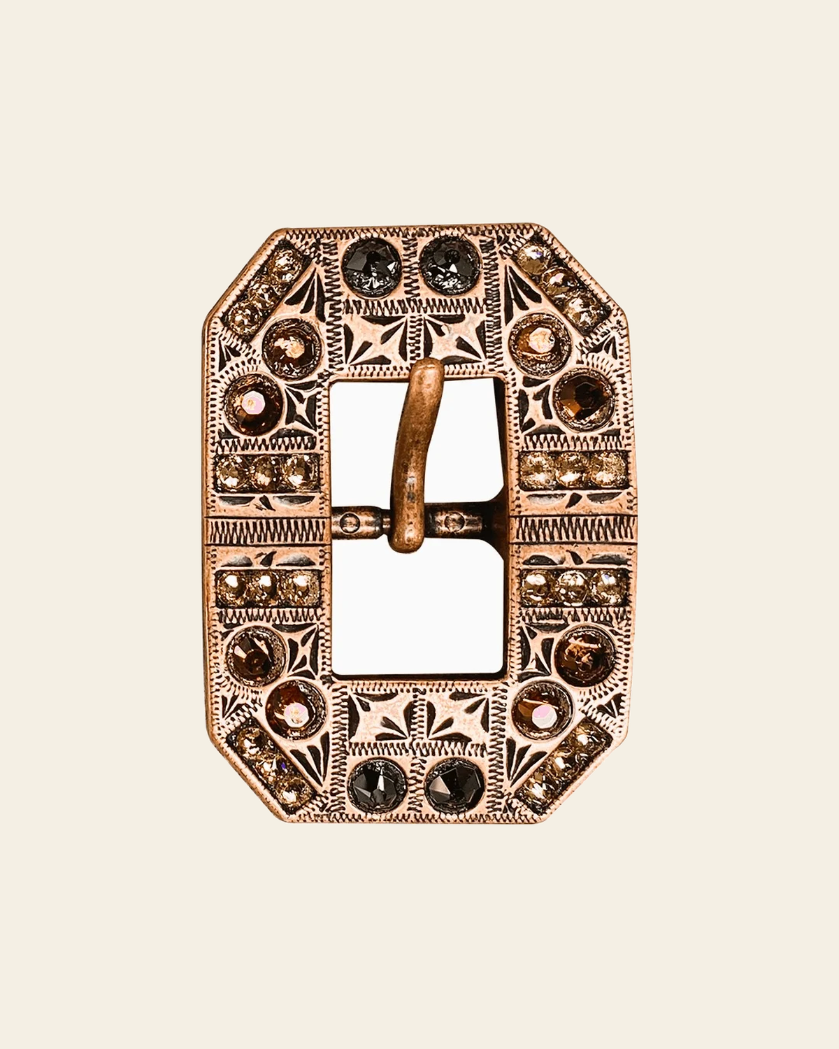 Jet Champagne & Topaz Copper European Crystal Square Cart Buckle on a warm cream background