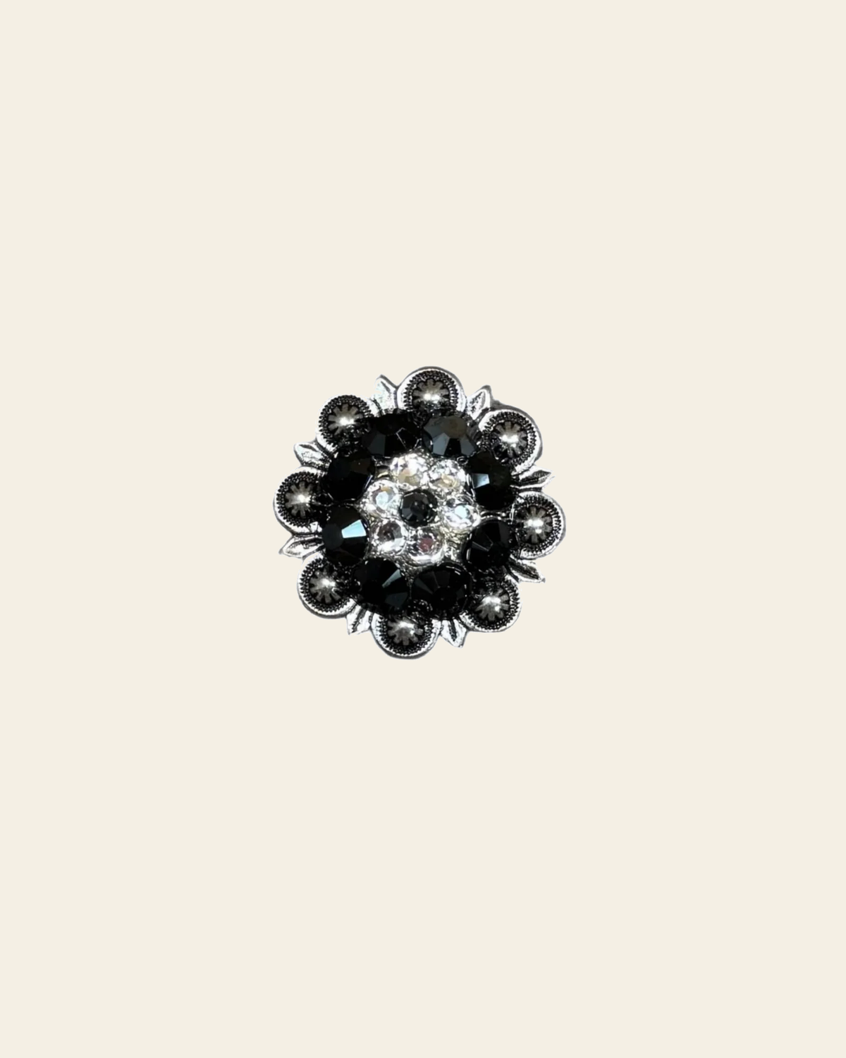Jet & Clear Antique Silver 1.25" European Crystal Concho on a warm cream background