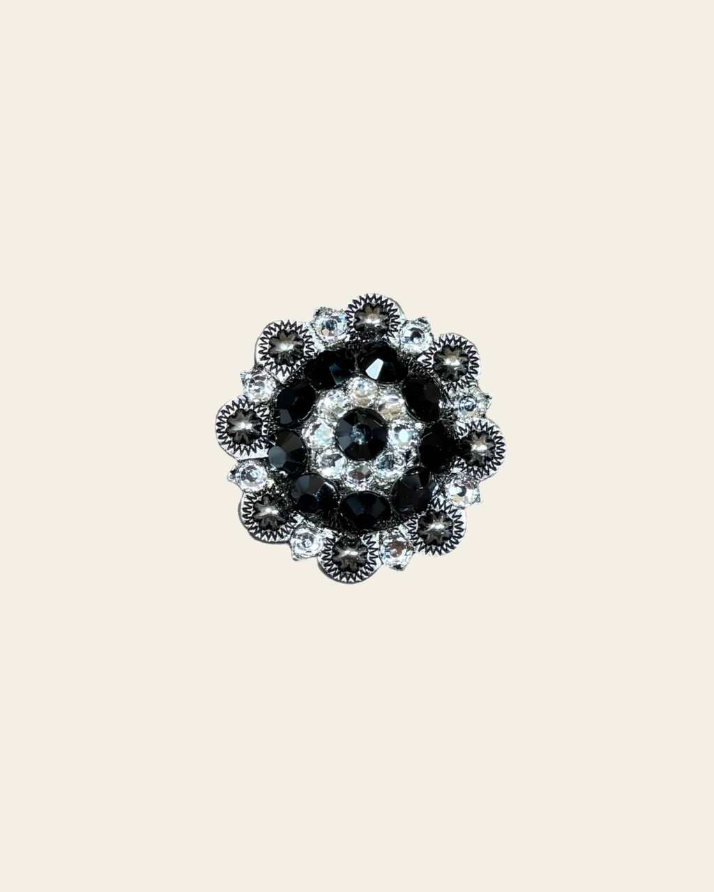 Jet & Clear Antique Silver 1.5" European Crystal Concho on a warm cream background