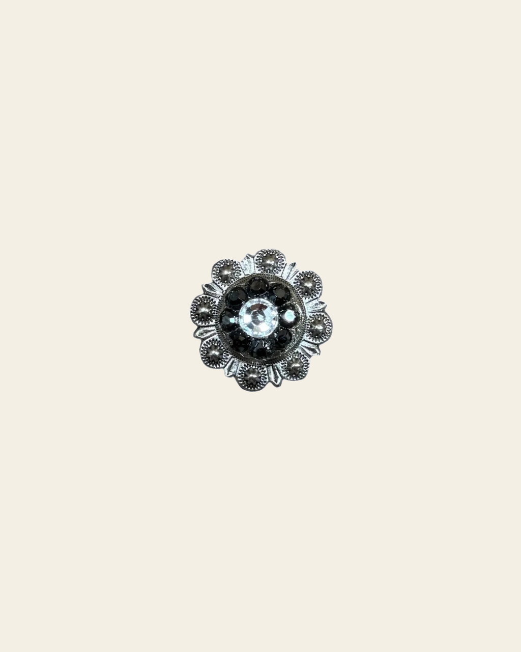 Jet & Clear Antique Silver 1" European Crystal Concho on a warm cream background