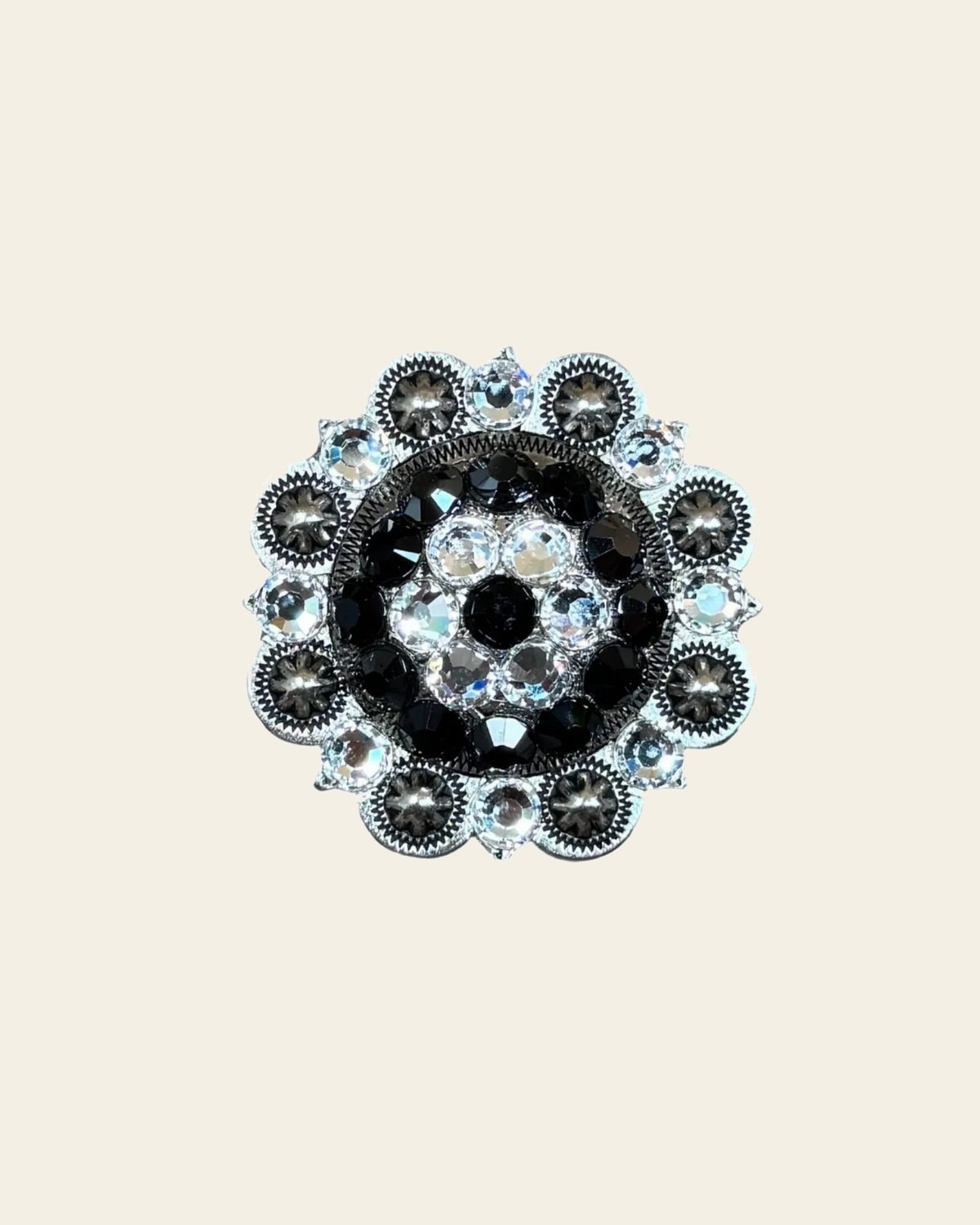 Jet & Clear Antique Silver 2" European Crystal Concho on a warm cream background