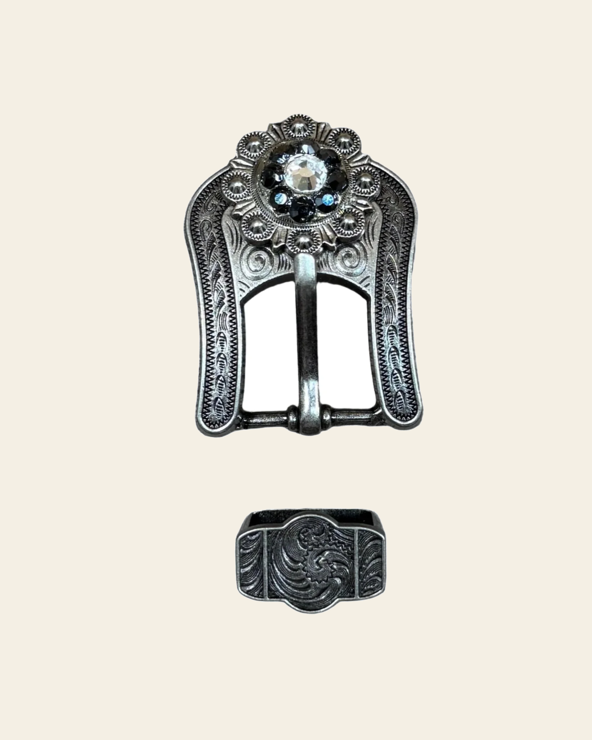 Jet & Clear Antique Silver Buckle Keeper European Crystal Concho on a warm cream background