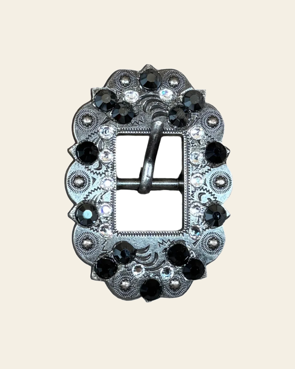 Jet & Clear Antique Silver Cart Buckle European Crystal Concho on a warm cream background