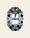 Jet & Clear Antique Silver Cart Buckle European Crystal Concho on a warm cream background