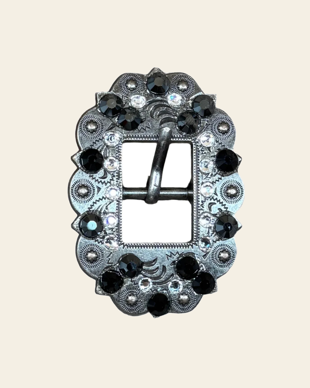 Jet & Clear Antique Silver Cart Buckle European Crystal Concho on a warm cream background