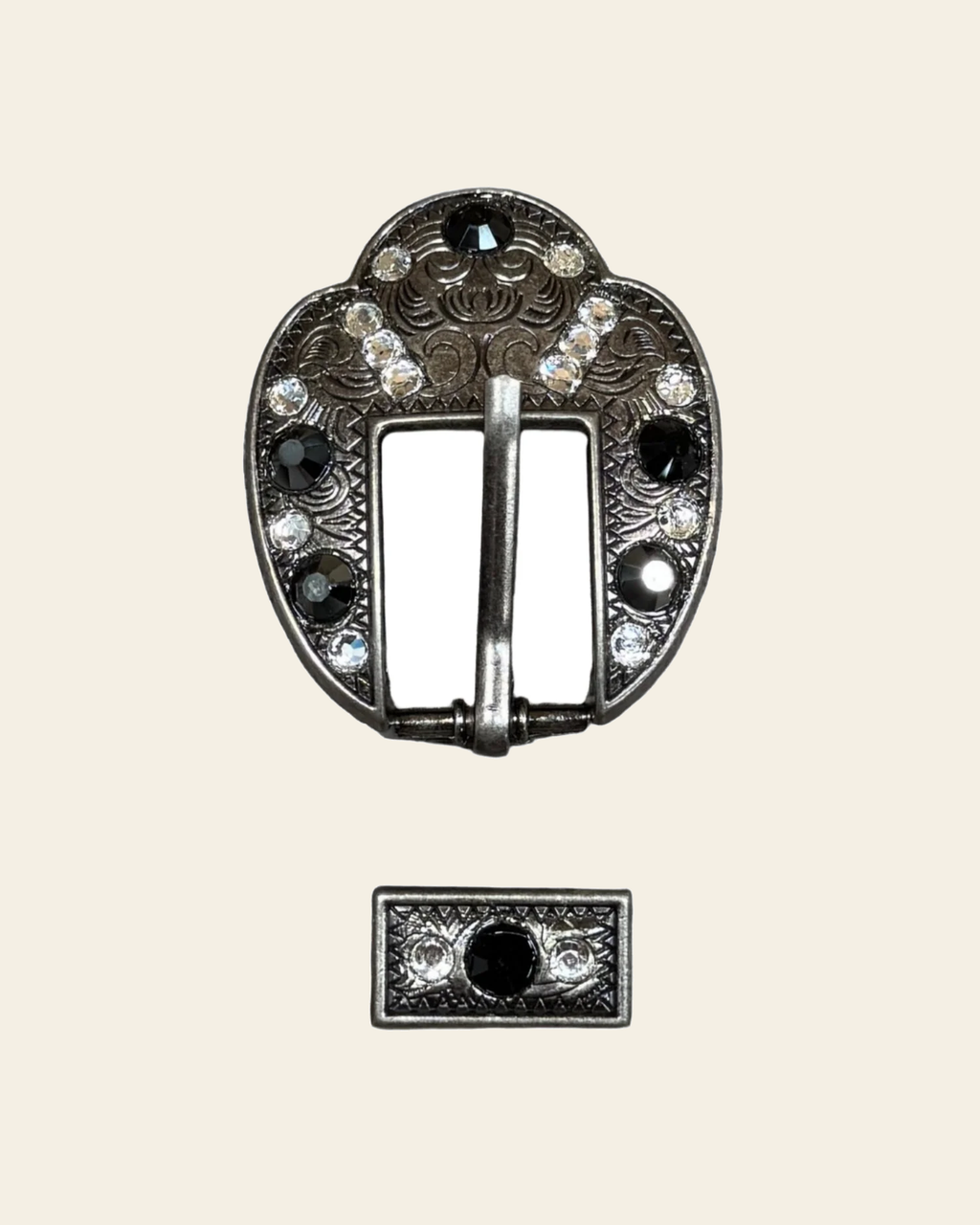 Jet & Clear Antique Silver Fancy Buckle European Crystal Concho on a warm cream background