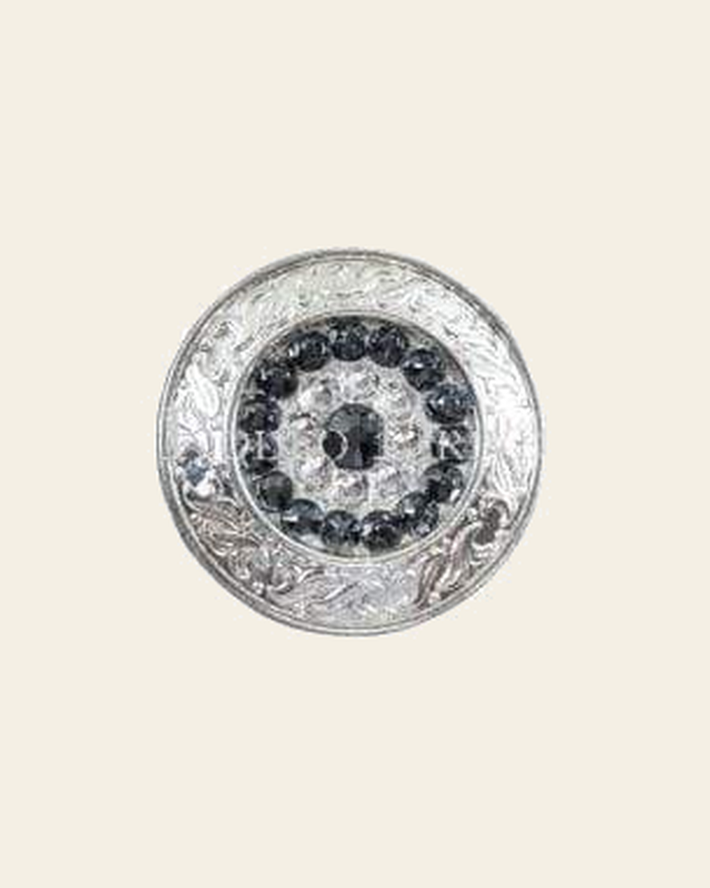 Jet & Clear Bright Silver 1.5" Disc European Crystal Concho on a warm cream background