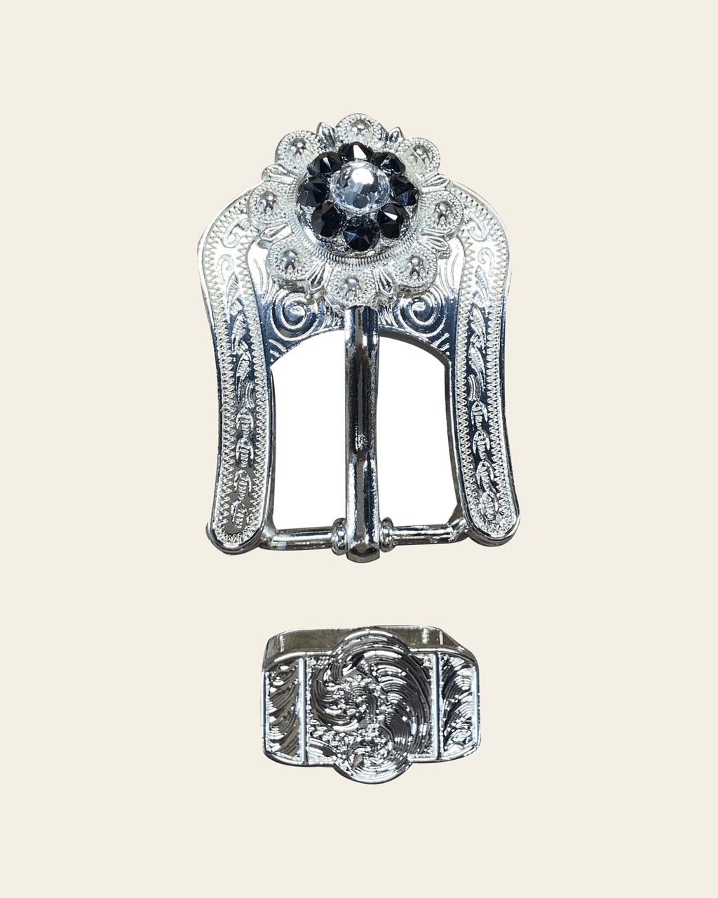 Jet & Clear Bright Silver European Crystal Buckle Keeper Set on a warm cream background