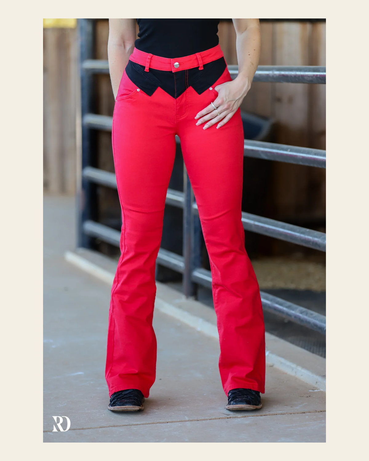 Jolene Bootcut - Rodeo Red With Black Yoke on a warm cream background