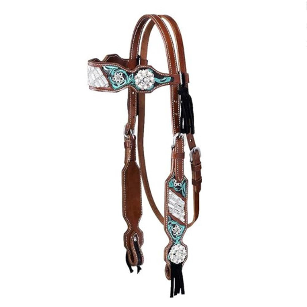 Hilason Western Floral Tooled Leather Headstall with Conchos & Fringe