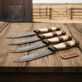 5-Piece Handmade Damascus Steak Knife Set, Bone & Rosewood Handle, Premium Dining Knives