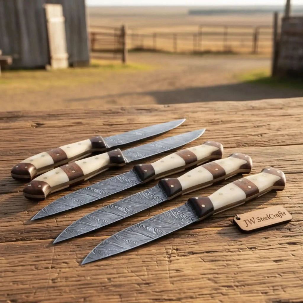 5-Piece Handmade Damascus Steak Knife Set, Bone & Rosewood Handle, Premium Dining Knives