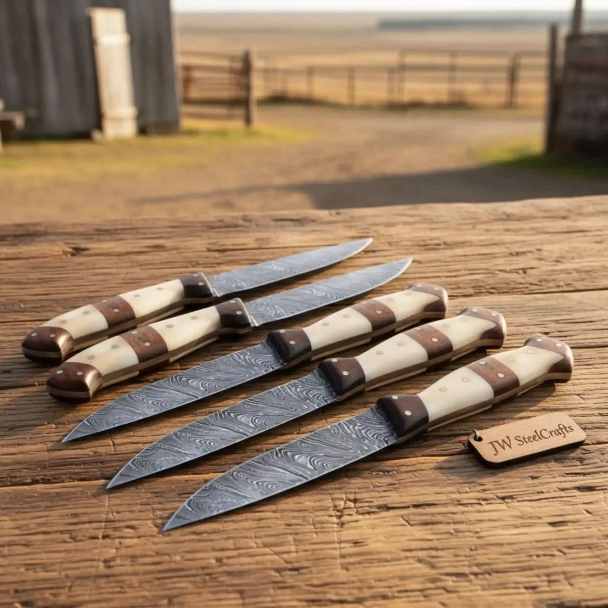 5-Piece Handmade Damascus Steak Knife Set, Bone & Rosewood Handle, Premium Dining Knives