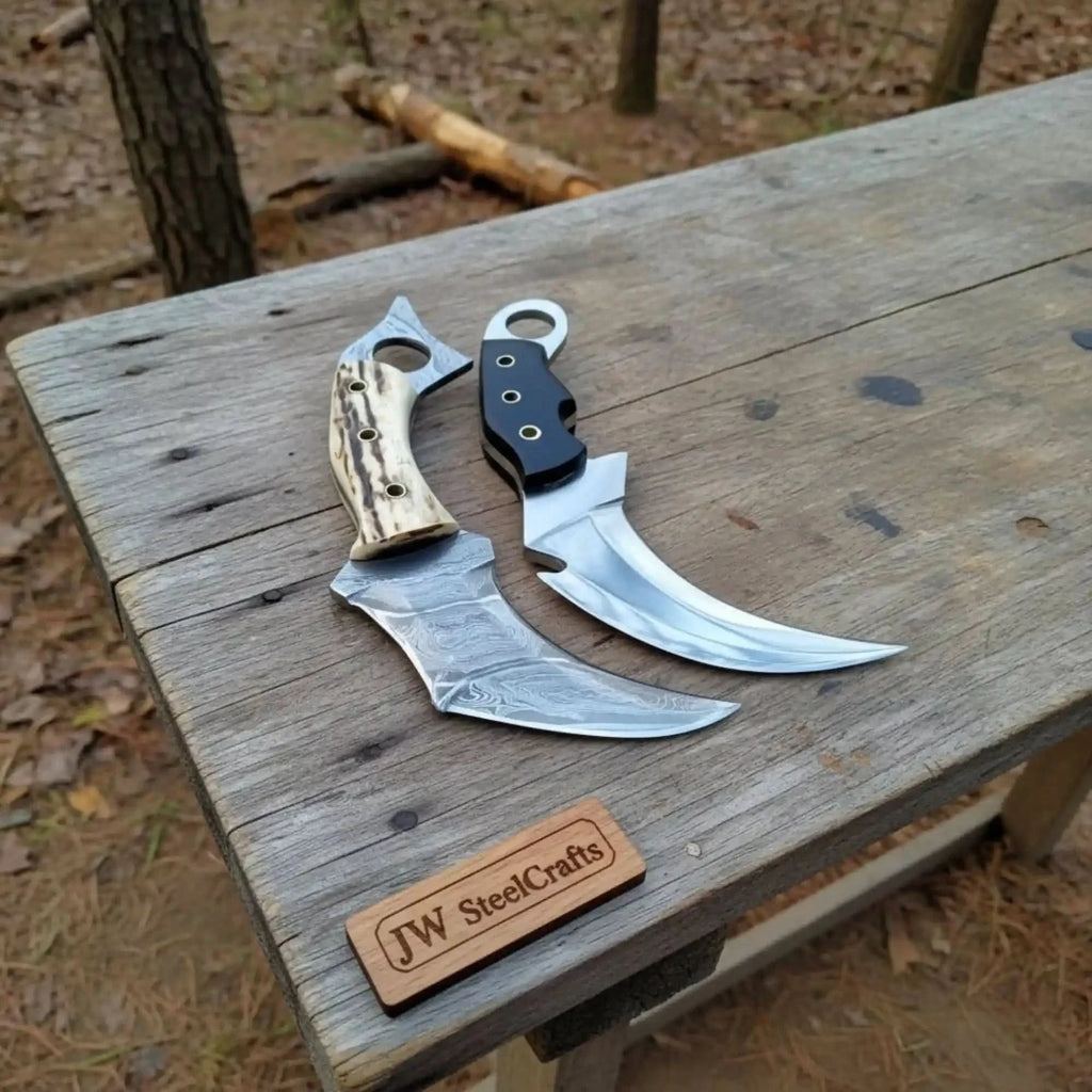 Damascus Steel Karambit Pair, Stag Horn & Wood Handle, 9-inch Blade