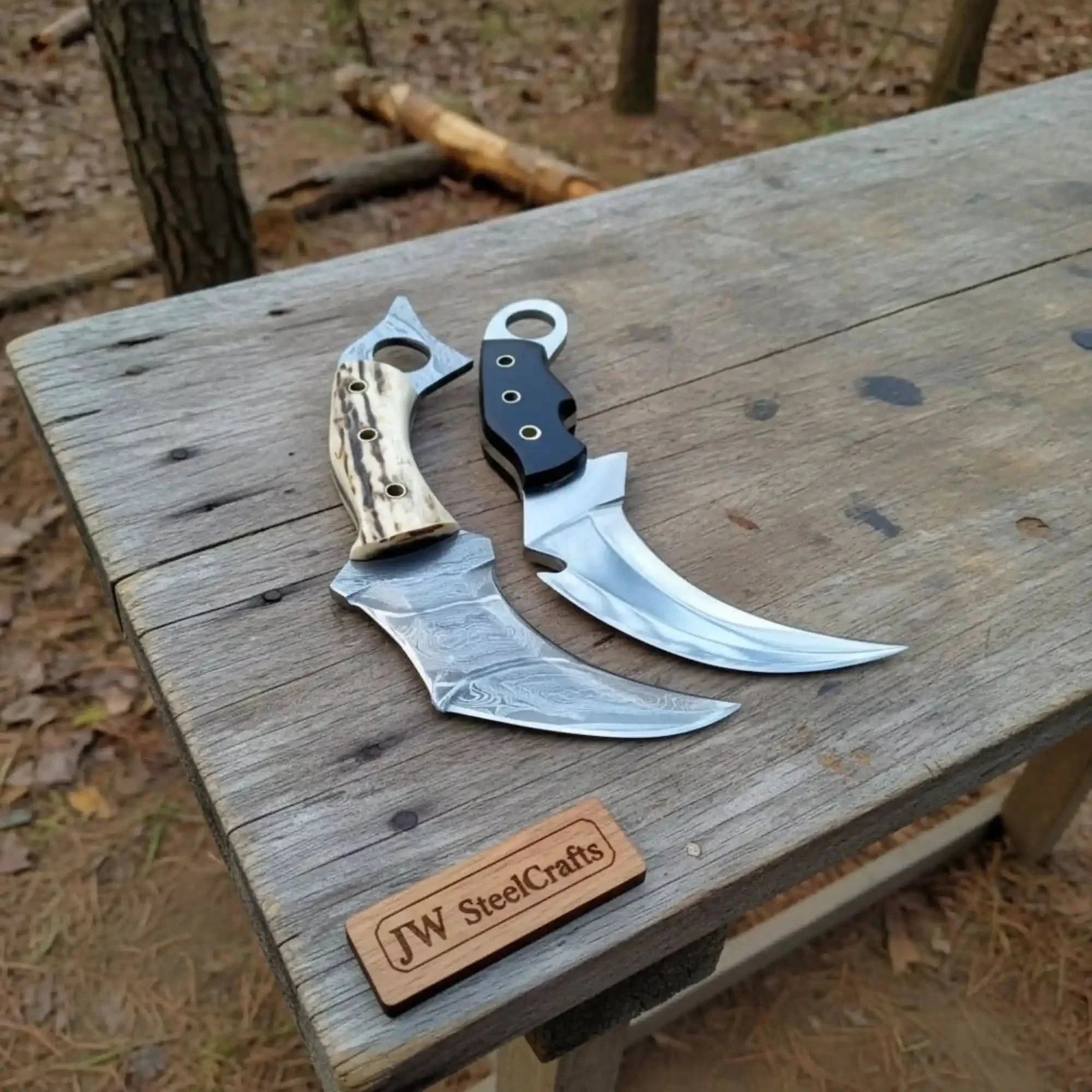 Damascus Steel Karambit Pair, Stag Horn & Wood Handle, 9-inch Blade