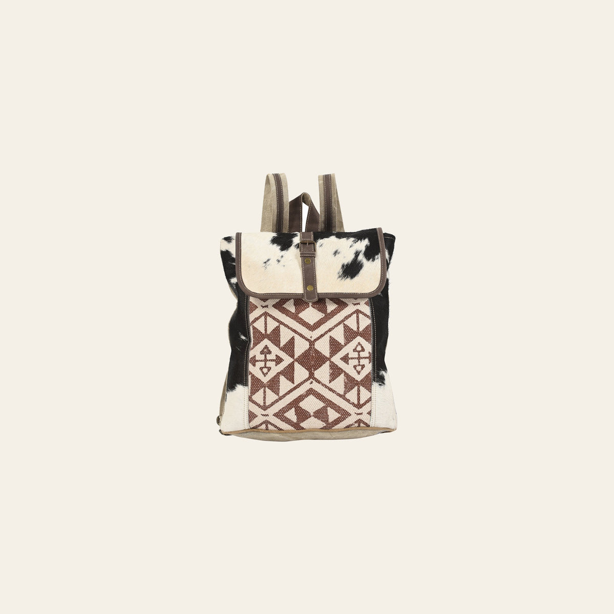Ohlay Western Cowhide Backpack Women Genuine Top Grain Leather Canvas Travel Bag Hair-On Hide Design Vintage Rucksack