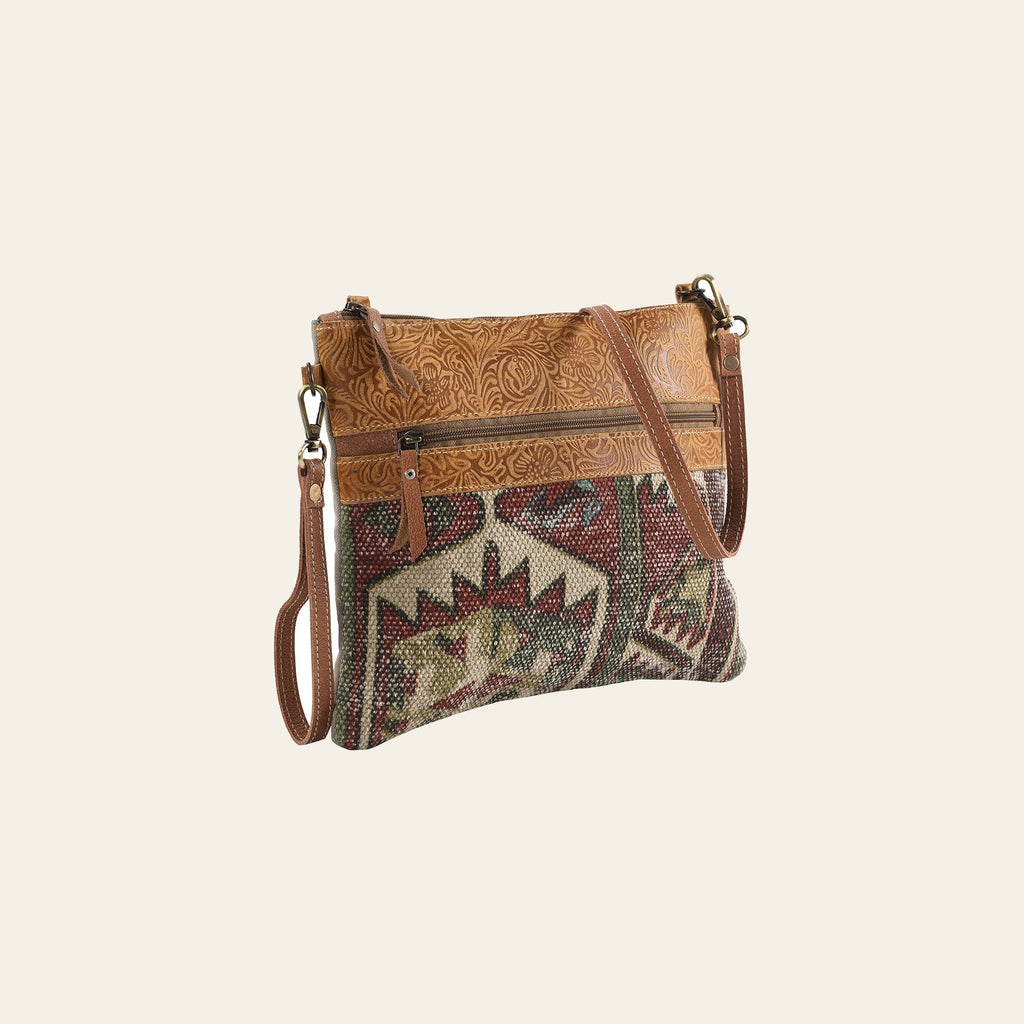 OHLAY Cross Body Upcycled Wool Canvas Embossed Genuine Leather Women Bag Western Handbag Purse Womens Handbags Belt Summer
